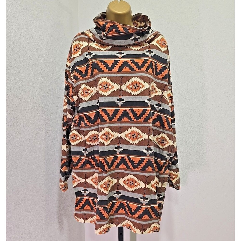 Vintage 90s 100% Cotton Pullover Tunic Sz 24 TurtleNeck SouthWestern Aztec Print